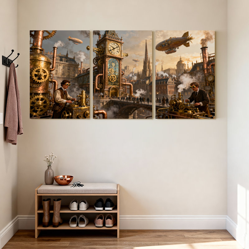 Fantaisie et science-fiction, paysage urbain Steampunk avec tour de l'horloge et dirigeables, ensemble de 3 impressions sur toile