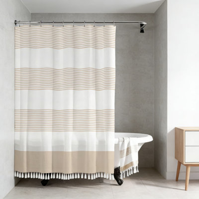 Boho Striped Shower Curtain Set, Modern Farmhouse Bathroom Decor With Tassel Trim, Waterproof Polyester Fabric, Includes 12 Hooks, 72X72 Inches