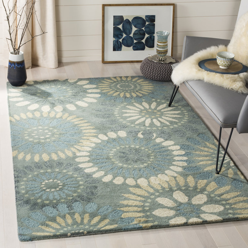 Gray and Blue Hand Tufted Floral Wool Area Rug