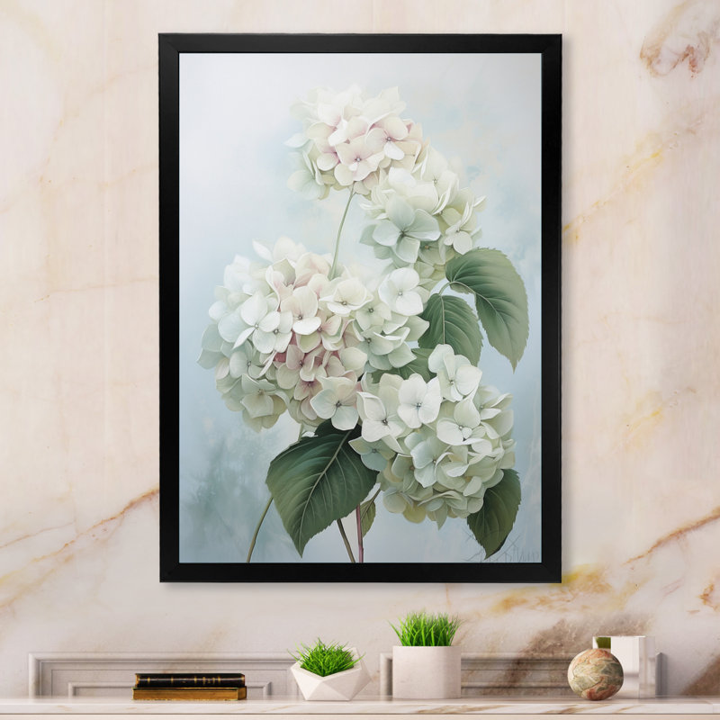 White Hydrangea Whispering Blooms " White Hydrangea Whispering Blooms ", Black Picture Framed, 20" H x 12" W x 1" D
