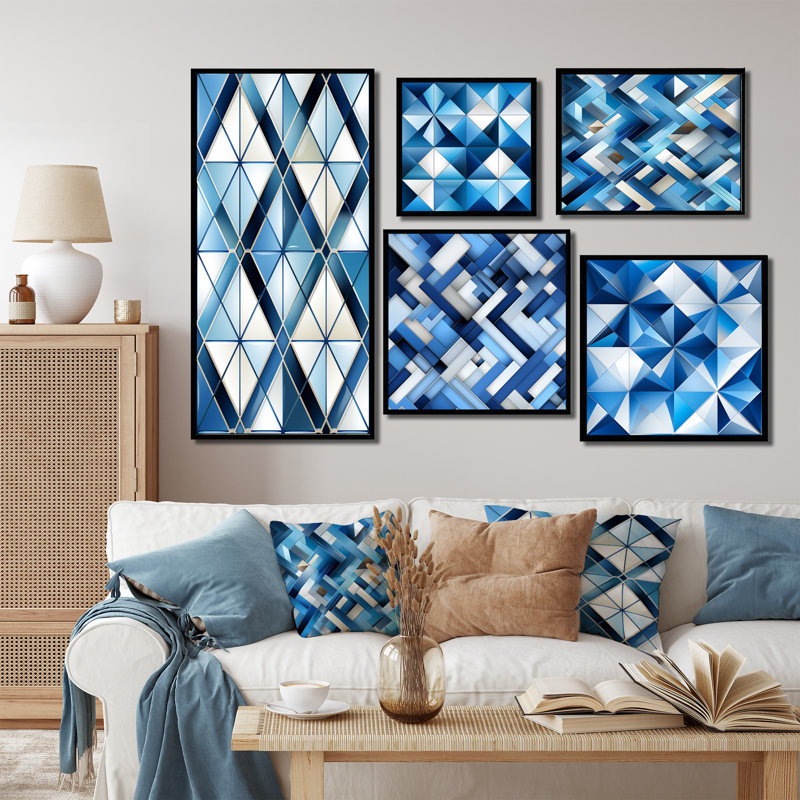 «Deep Cobalt Blue Symmetry Cubes I», ensemble de 5 reproductions d'art sur toiles géométriques, Cadre flottant noir