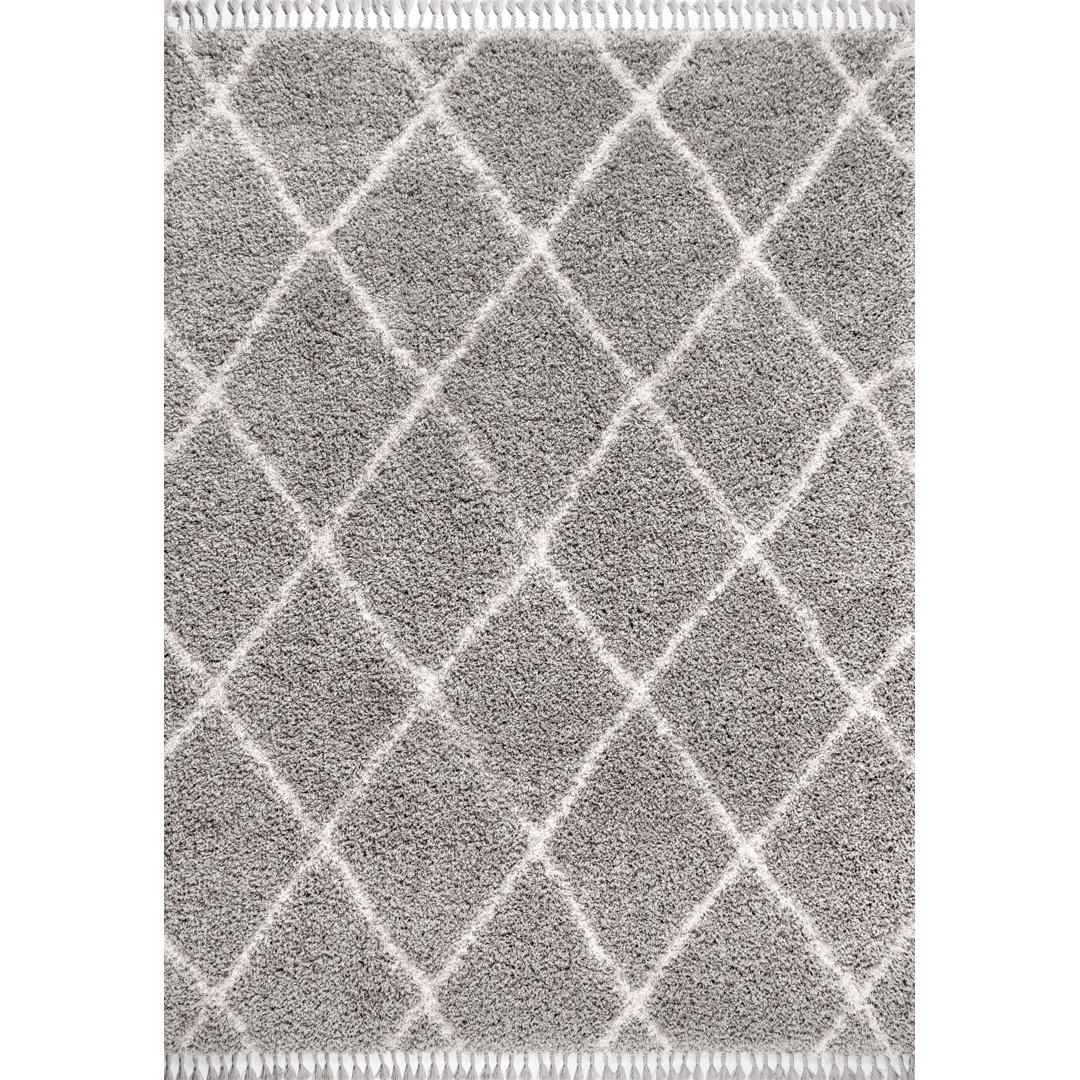 Cantera Shag Plush Tassel Moroccan Geometric Trellis Gray/Cream Rug Millwood Pines Rug 