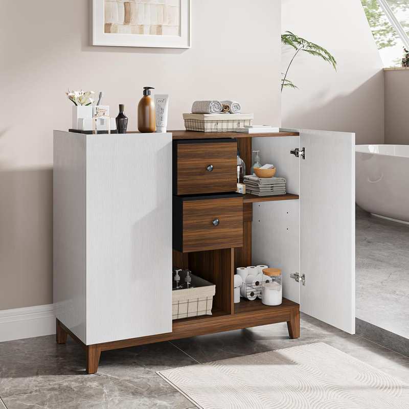Bathroom Storage Cabinets With Drawers And Doors, Kitchen Storage Cabinet With Adjustable Shelf, Floor Sideboard Buffet Cabinet For Living Room, Kitchen, Hallway, Dining Room, White Walnut