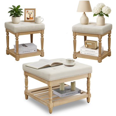 Gladis Linen Fabric Coffee Table and End Table Set with Storage (Set of 3)