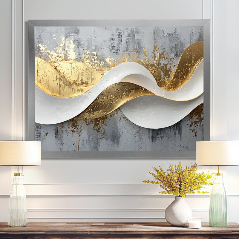 Abstrait bosquet d'introspection en or et blanc V - art abstrait de vagues modernes, Argent argent, H 30 po x l 40 po