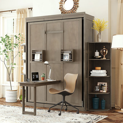 Rotating Murphy Bed With Hidden Wall Cabinet, Dual 3-Tier Side Shelves, Convertible Desk, Extra Storage Racks
