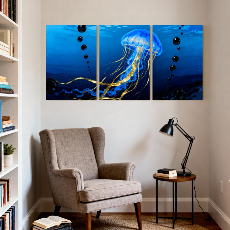 Ensemble de 3 impressions sur toile, méduse bleue avec tentacules et bulles dorées, H 30 po x l 60 po