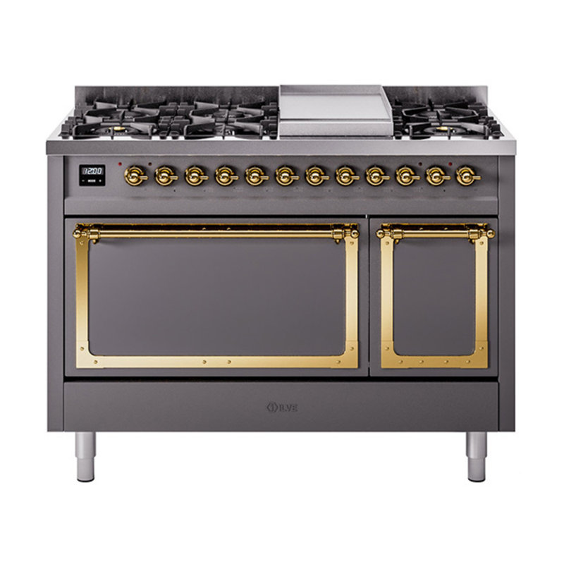 ILVE Nostalgie II Noblesse 48 in Dual Fuel Range, 8 Burner, Griddle, Liquid Propane, Graphite Matte/Brass