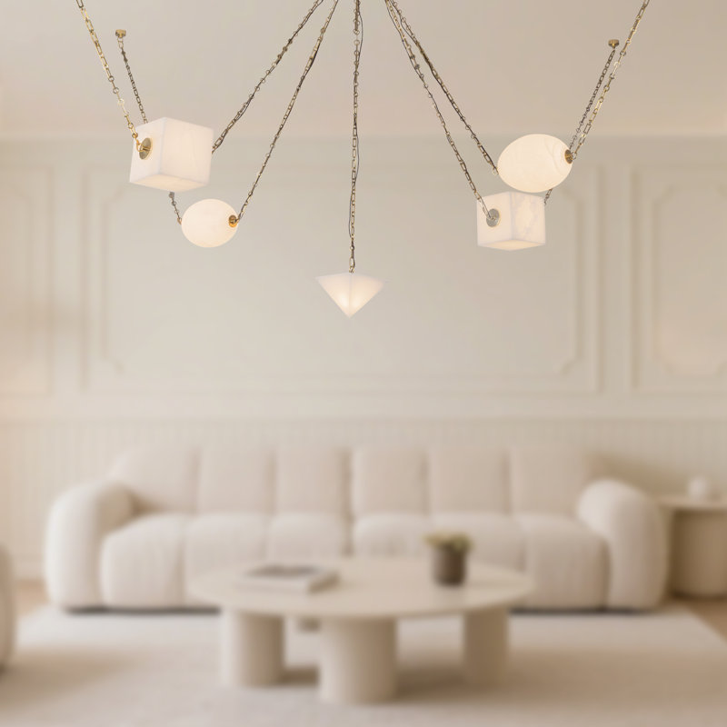 Lustre à 5 lumières à DEL avec finition minérale Patina, Laiton, Albâtre