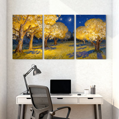 Abstrait au clair de lune avec arbres et fleurs, ensemble de 3 impressions sur toile