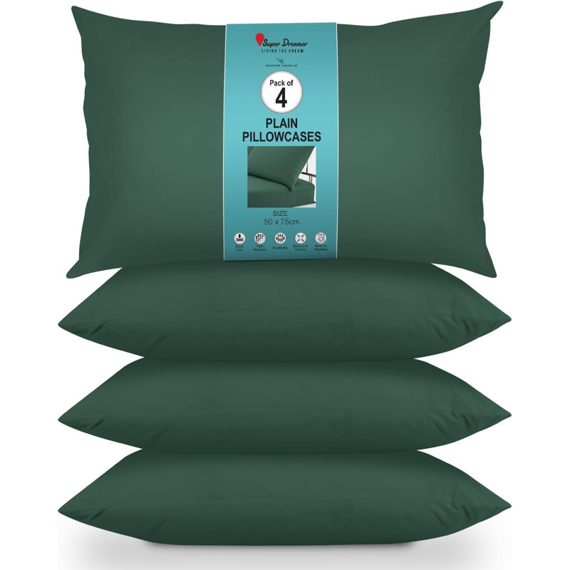Super Dreamer Solid Colour Pillowcases 4 Pair 50x75 cm - Polyester Machine Washable High Yarn Quality Bedding, Dark Green