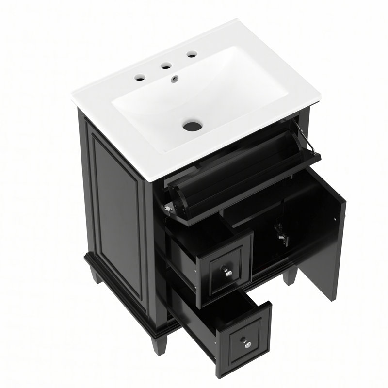 Meuble-lavabo 24 po avec lavabo, meuble-lavabo avec un tiroir rabattable et deux tiroirs, tablette réglable, bois massif et panneau de fibres à densité moyenne