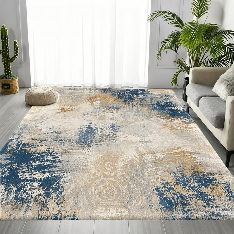 Tapis d'intérieur moderne et artistique en velours antidérapant, motif abstrait bleu, blanc et beige, idéal pour le salon, la chambre à coucher, l'entrée, la cuisine ou le balcon.