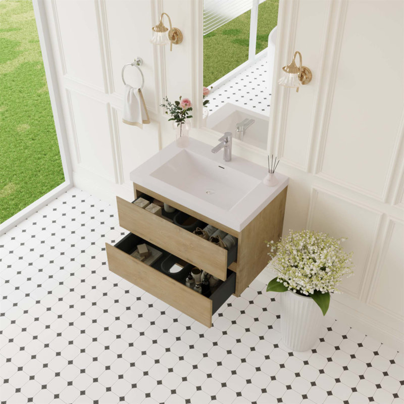Meuble-lavabo flottant de 30 po avec lavabo, armoire de rangement murale moderne avec plateau en résine et tiroirs à fermeture en douceur