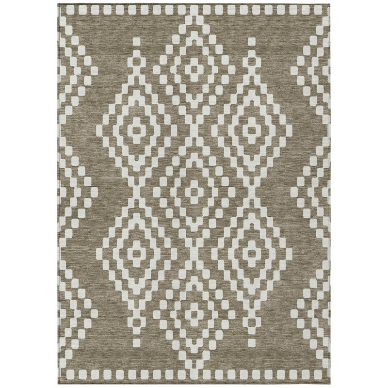3' X 5' Taupe And Ivory Geometric Washable Indoor Outdoor Area Rug