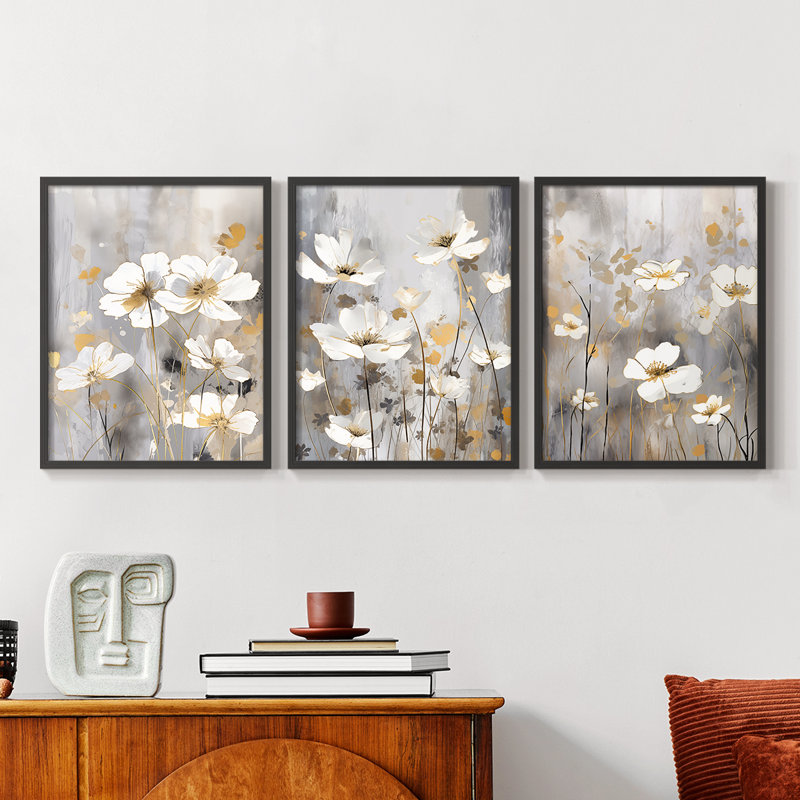 Étude florale CXLI -Set de 3 estampes numériques giclées -Prêt à accrocher, Cadre noir, H 10 po x l 8 po