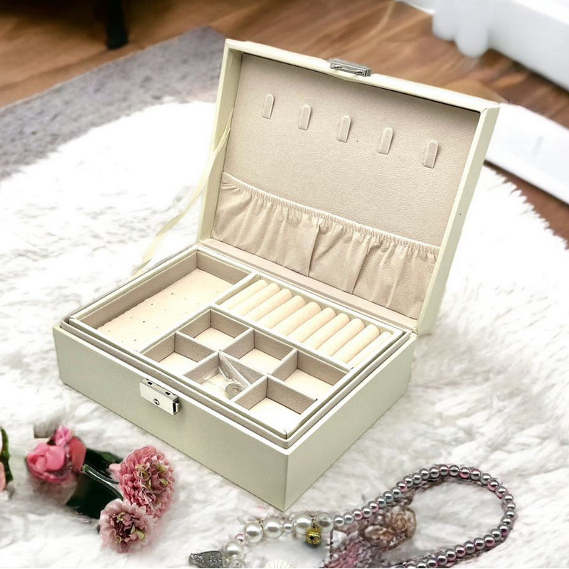 Boîte de rangement pour boîte à bijoux 2 couches avec serrure blanche, Blanc