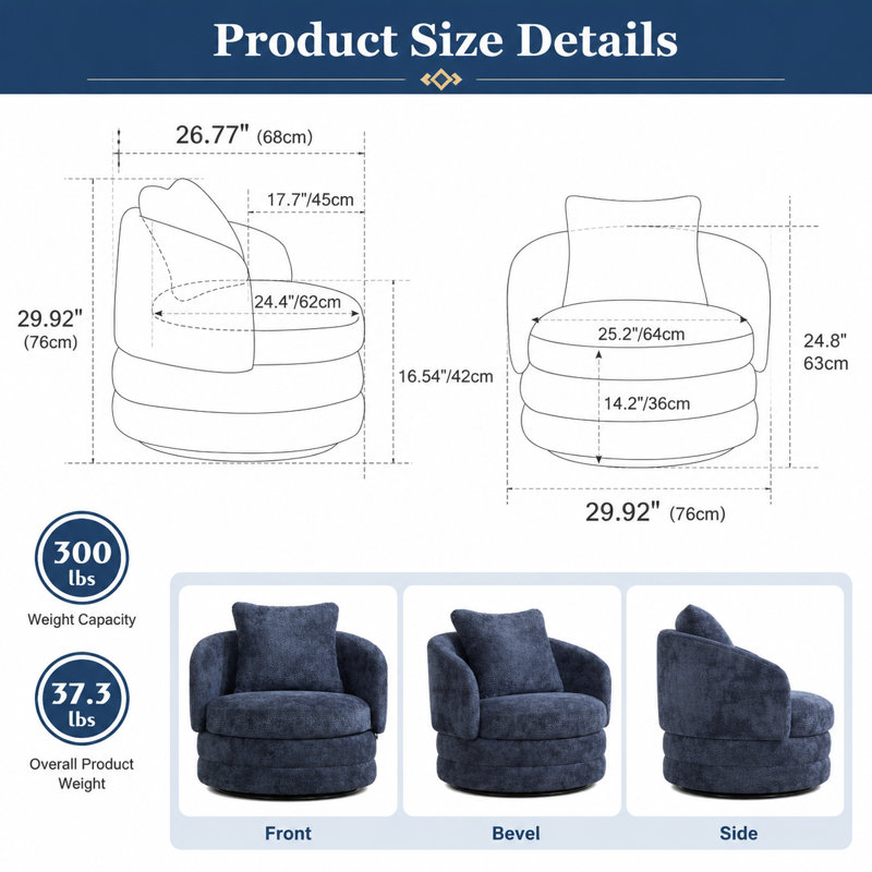 Fauteuil d'appoint moderne pivotant en tonneau avec coussin, fauteuil club rembourré en chenille, siège simple confortable avec dossier incurvé et base en métal