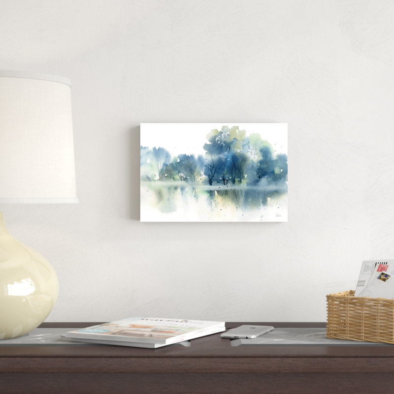 «Blue Pond Reflections» par Katrina Pete - peinture sur toile tendue, H 8 po x l 12 po, Toile tendue, Sans cadre