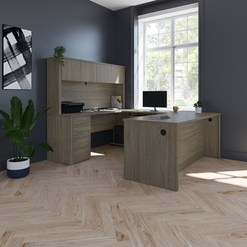 Bureau en U avec huche réversible Opérle, Chocolat noir