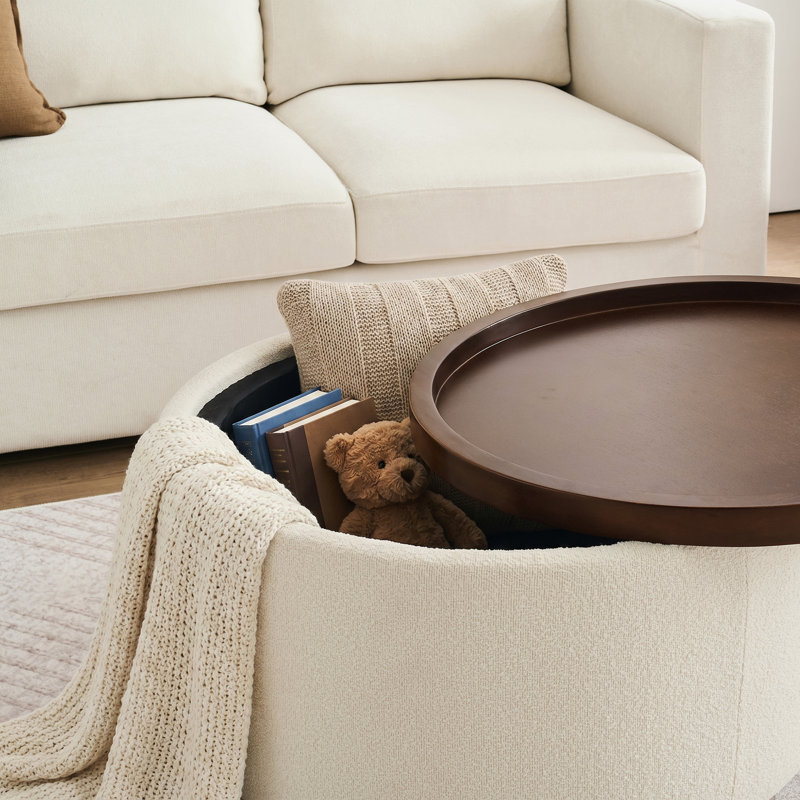Repose-pieds pivotant avec rangement en bois et plateau en bois l 30,1 po Caysey, Beige