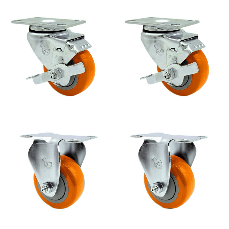 Ensemble de roulettes à plaque pivotante en polyuréthane orange 3 pouces avec 2 freins 2 rigides SCC