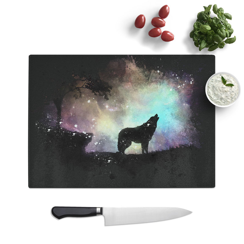 Tempered Glass Howling Wolf with a Galaxy Forest Chopping Board, 20 cm x 28.5 cm