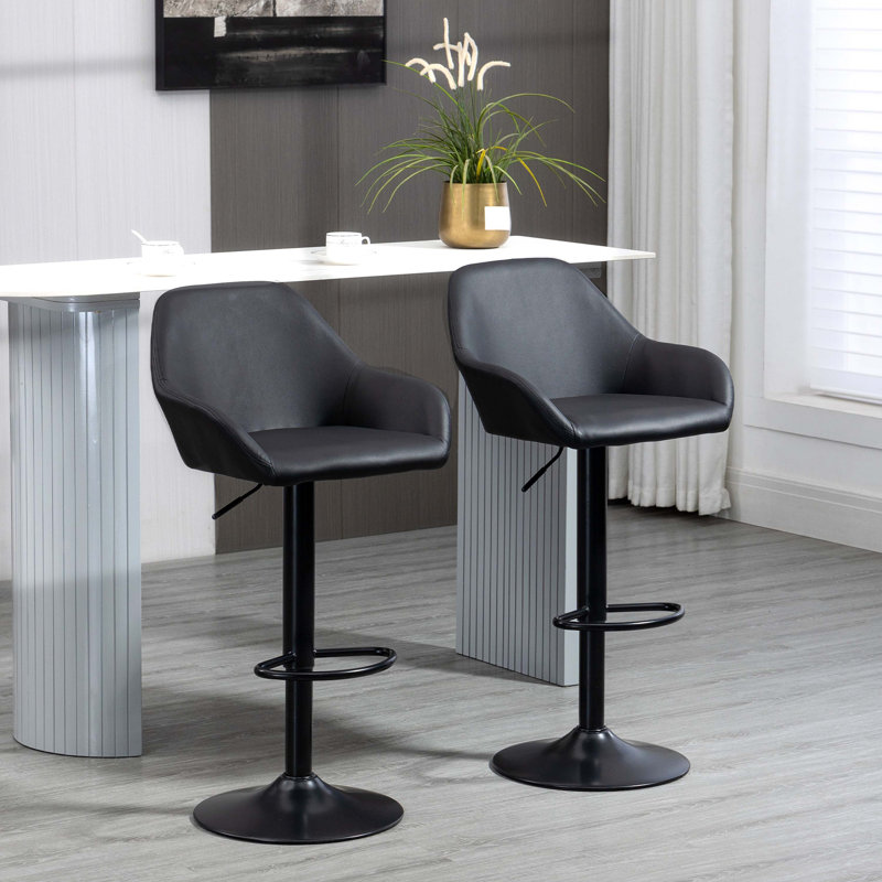HOMCOM Adjustable Bar Stools, Swivel Counter Height Barstools with Footrest and Back, PU Leather and Steel Round Base, for Kitchen Counter and Dining Room, Set of 2, Black