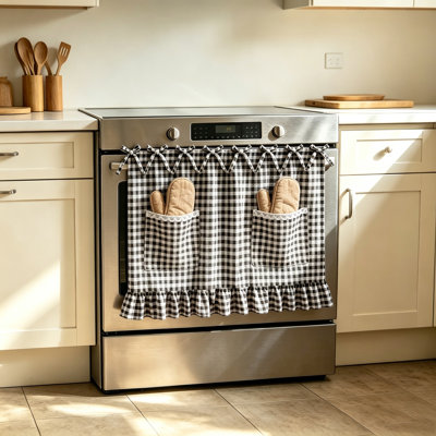 Cottagecore Gingham Oven Skirt Curtain, Cotton Linen Tie Top Stove Curtain with Lace Trim & 2 Storage Pockets, Rustic Decorative Cover Curtain for Oven, Dishwasher, Laundry Appliance
