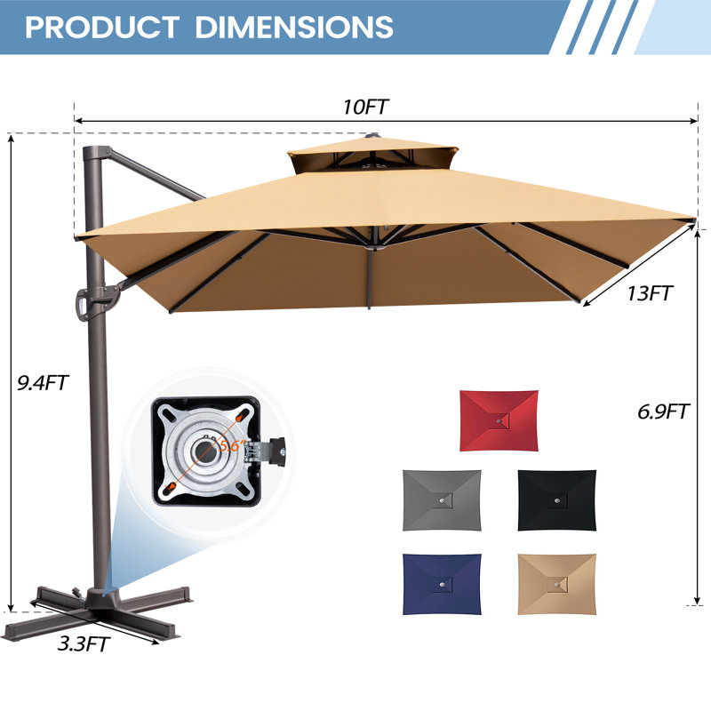 Parasol de patio extérieur en porte-à-faux décalé 10 pi x 13 pi sans base lestée Lowrie, Tanné