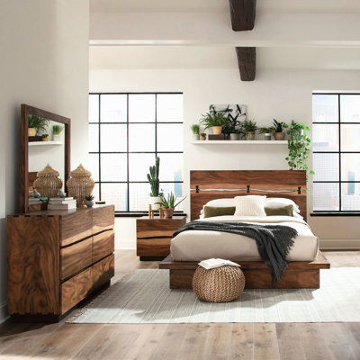Chambre à coucher en noyer pour 4 personnes, lit plateforme, rangement assorti, tête de lit à bord naturel, tiroirs ergonomiques, poignées de tiroir pratiques, fonctionnelle