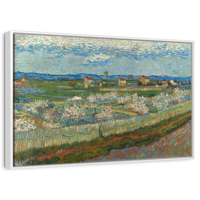 Pêcher en fleur, 43 po x 29 po, Cadre flottant blanc
