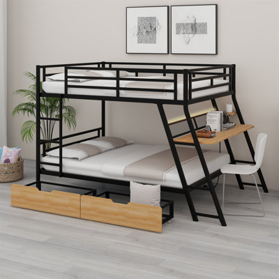 Zillah Metal Bunk Bed with Built-in Desk, Drawers and LED Light