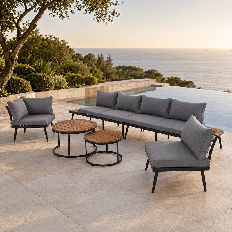 Ensemble de conversation élégant pour le jardin - Canapé modulaire d'extérieur avec tables gigognes rondes, Gris