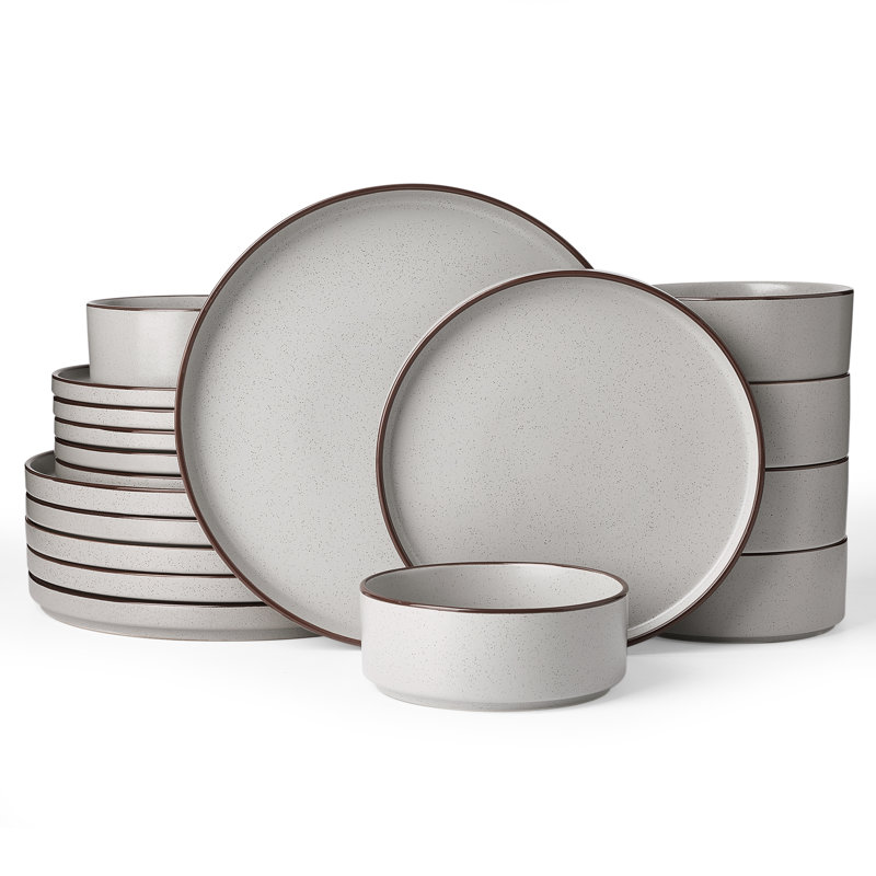 Service de table 18 pièces, vaisselle en grès, assiettes de cuisine et bols pour 6 personnes, Light Gray