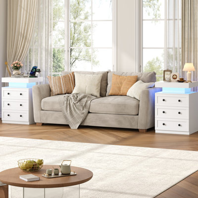  Ensemble de 2 tables de chevet à DEL de 17,7 po x H 25,2 po avec station de charge, table de chevet à 3 tiroirs avec 2 prises CA et 2 ports USB, lumières à DEL RVB avec télécommande / application, table d'appoint flottante pour la chambre à coucher