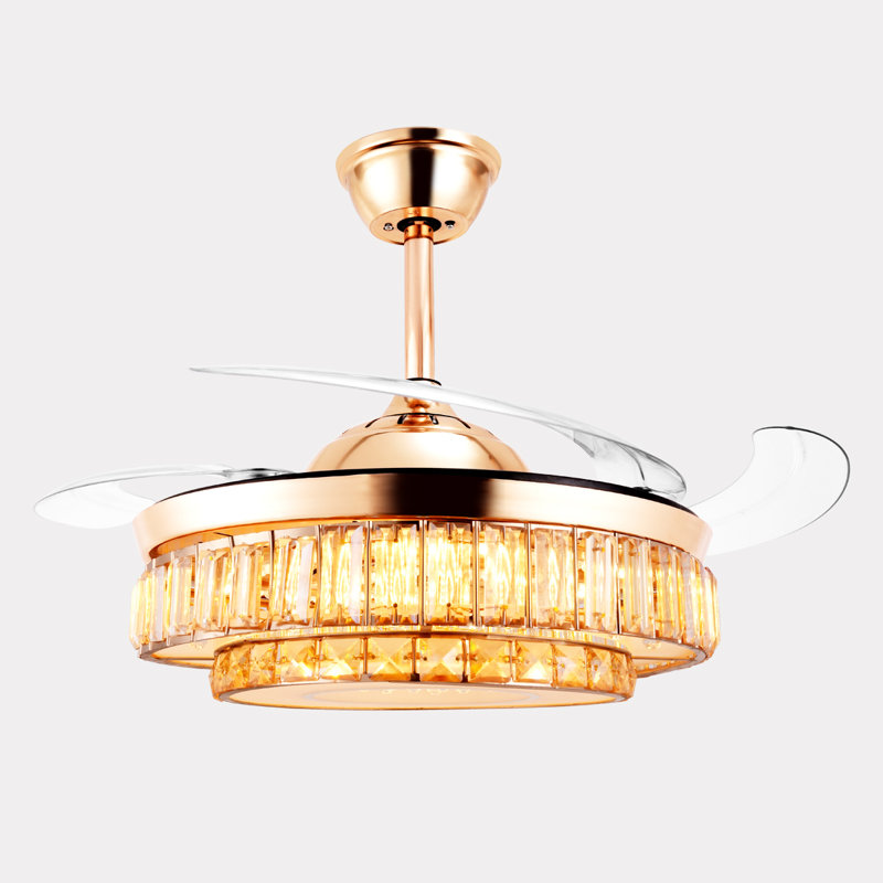 Ventilateurs de plafond 47 po avec lumière, ventilateur de lustre en cristal rétractable doré, réversible, télécommande, ensembles de plafonniers à intensité variable pour le salon, la chambre à coucher