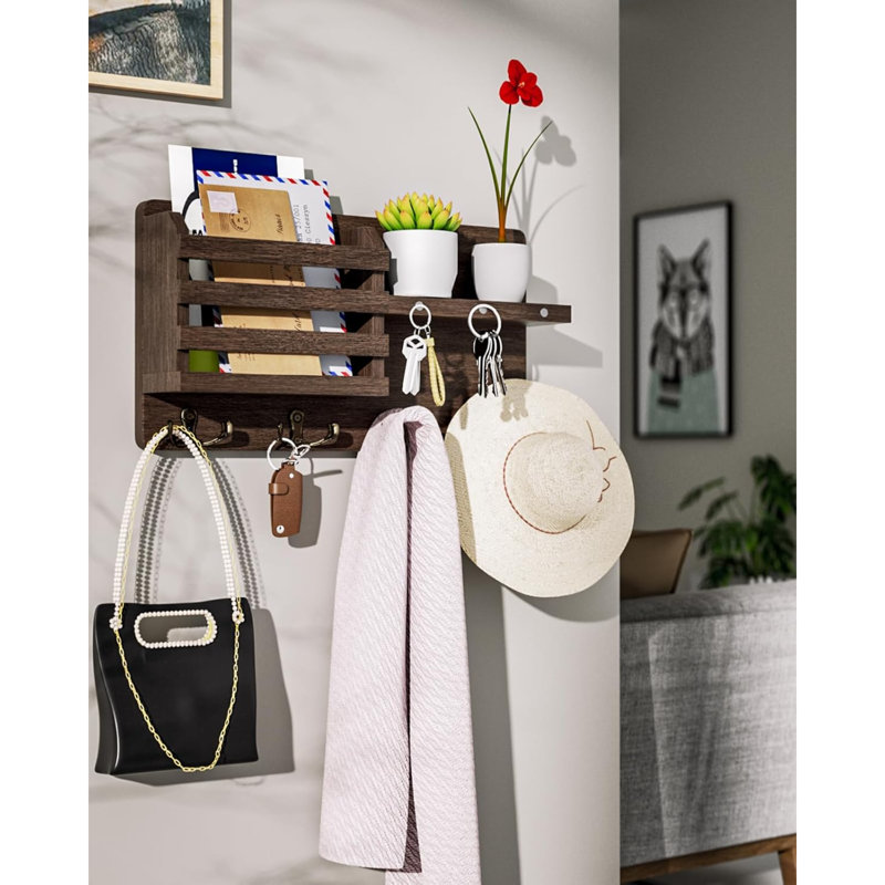 Ramari Wall Organizer with Key Hooks, 7.87cm H x 20cm W x 38.1cm D, Brown