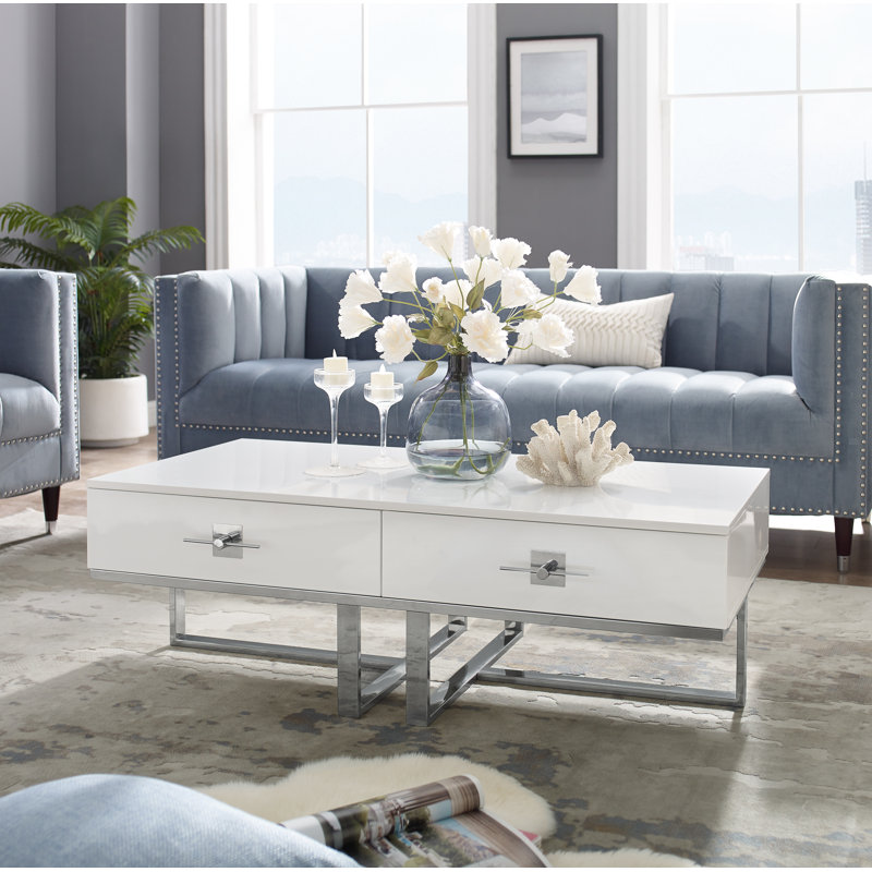 Nicole Miller Plumeria  Coffee Table For Living Room Office, White/Chrome