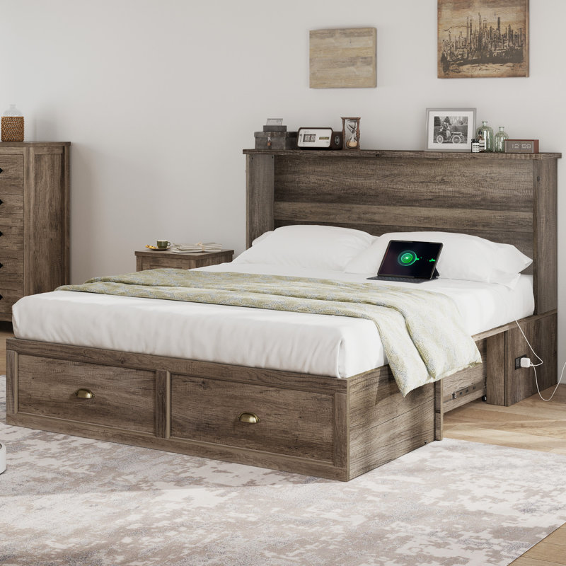  Arlina Farmhouse Queen Murphy Bed With Charging Station & Storage Drawer, Rustic Gray, Gray, Queen