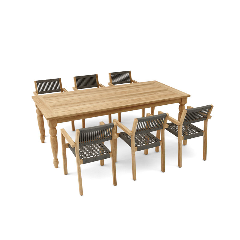 Ensemble de salle à manger d'extérieur en teck récupéré massif Morones avec table à pieds tournés et chaises en corde