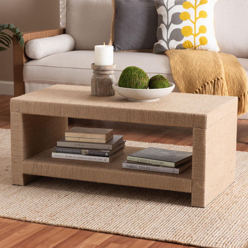 Bali & Pari Adaya Handwoven Jute Coffee Table - Rectangular Living Room Center Table With Open Shelf Storage, Handcrafted Boho Accent Furniture