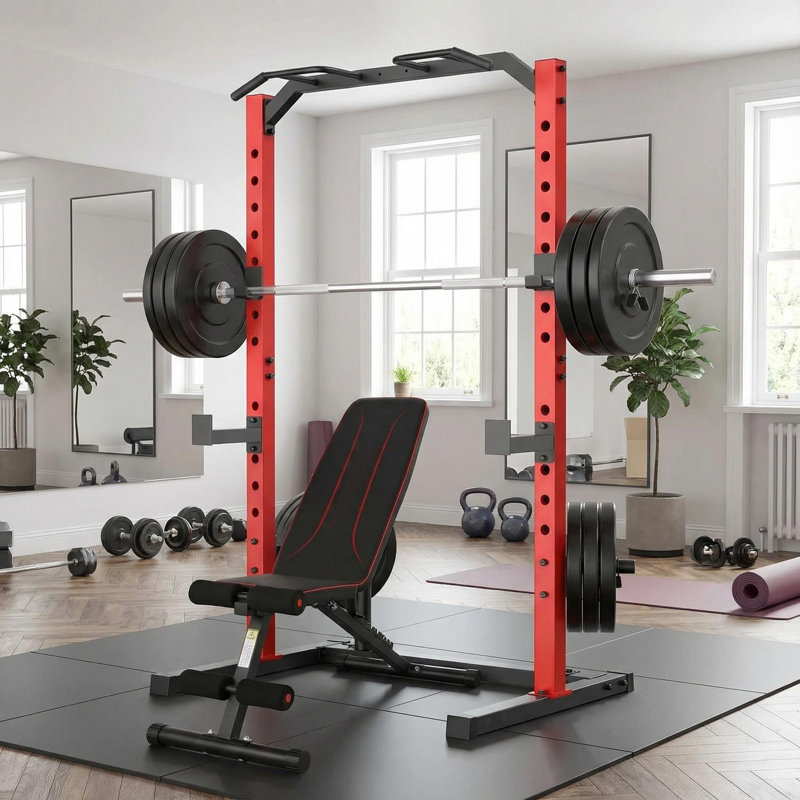 Himimi Power Cage with Adjustable Weight Bench, Pull-Up Bar and J-Hooks for Home Gym Strength Training