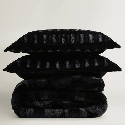 3 Pcs Black Solid Faux Fur Comforter King/ King , , 2 Shams, End - To Box Sewn, Tumble Dry Low Heat Separately Mini Black, Filling, Shams With Inch Flange, Dryable