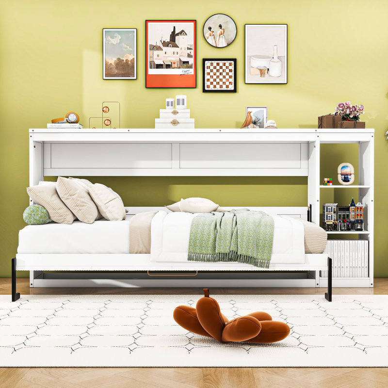 Lit escamotable en bois avec bibliothèque, Simple, Blanc