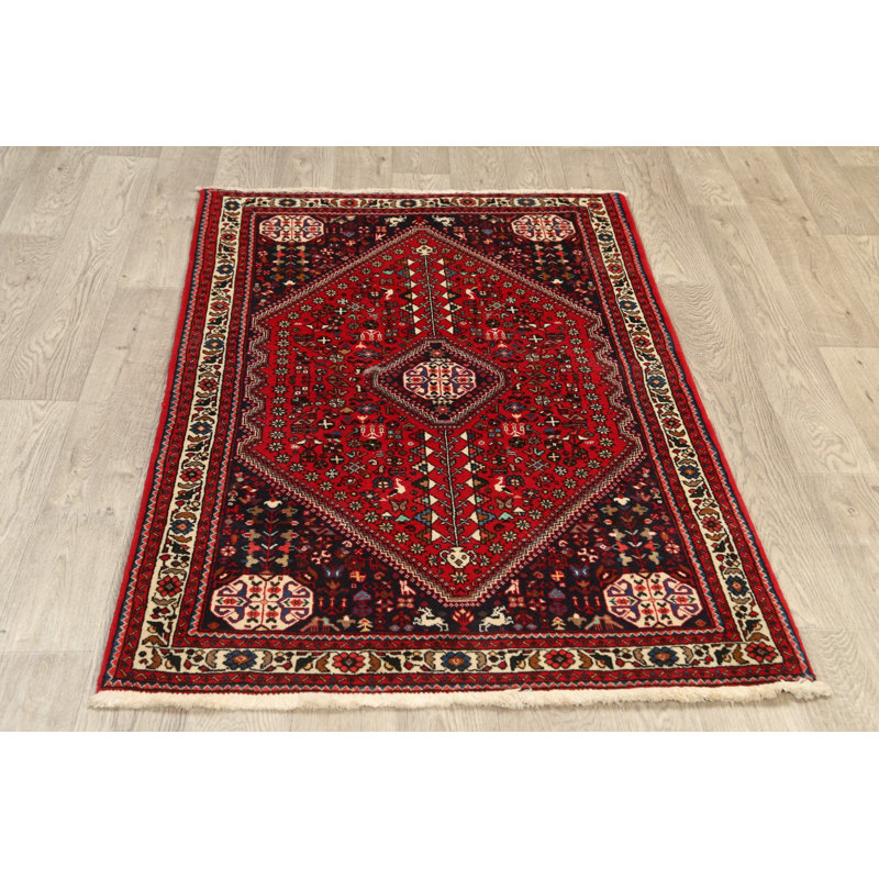 Tapis rouge en laine noué à la main de conception unique 3 pi 4 po x 5 pi 0 po Aayana