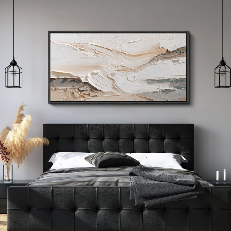 Neutre crème et blanc abstrait, art mural sur toile encadrée, H 30 po x l 60 po, Noir