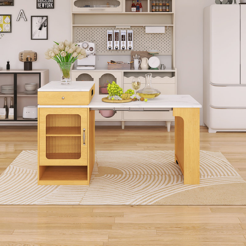 Table de salle à manger rectangulaire extensible 59,50 "avec prise de courant et rangement double-face, Naturel, Blanc