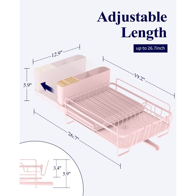 Large Dish Drying Rack - Extendable Dish Rack, Multifunctional Dish Rack for Kitchen Counter, Anti-Rust Dish Drainers with Cutlery & Cup Holders 19.2"-26.7" L x 12.9" W, Pink