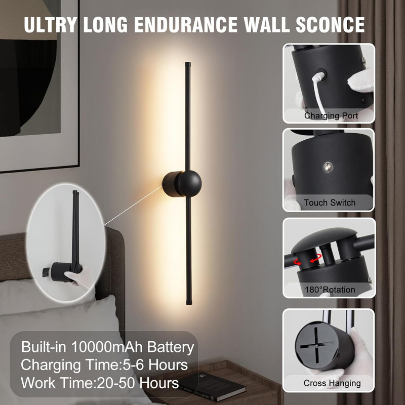Rechargeable Battery Operated Wall Sconce Set Of Two, Wireless LED Wall Lights With Remote Control, 360° Rotation, Dimmable, Modern Cordless Wall Lamp For Living Room And Bedroom
